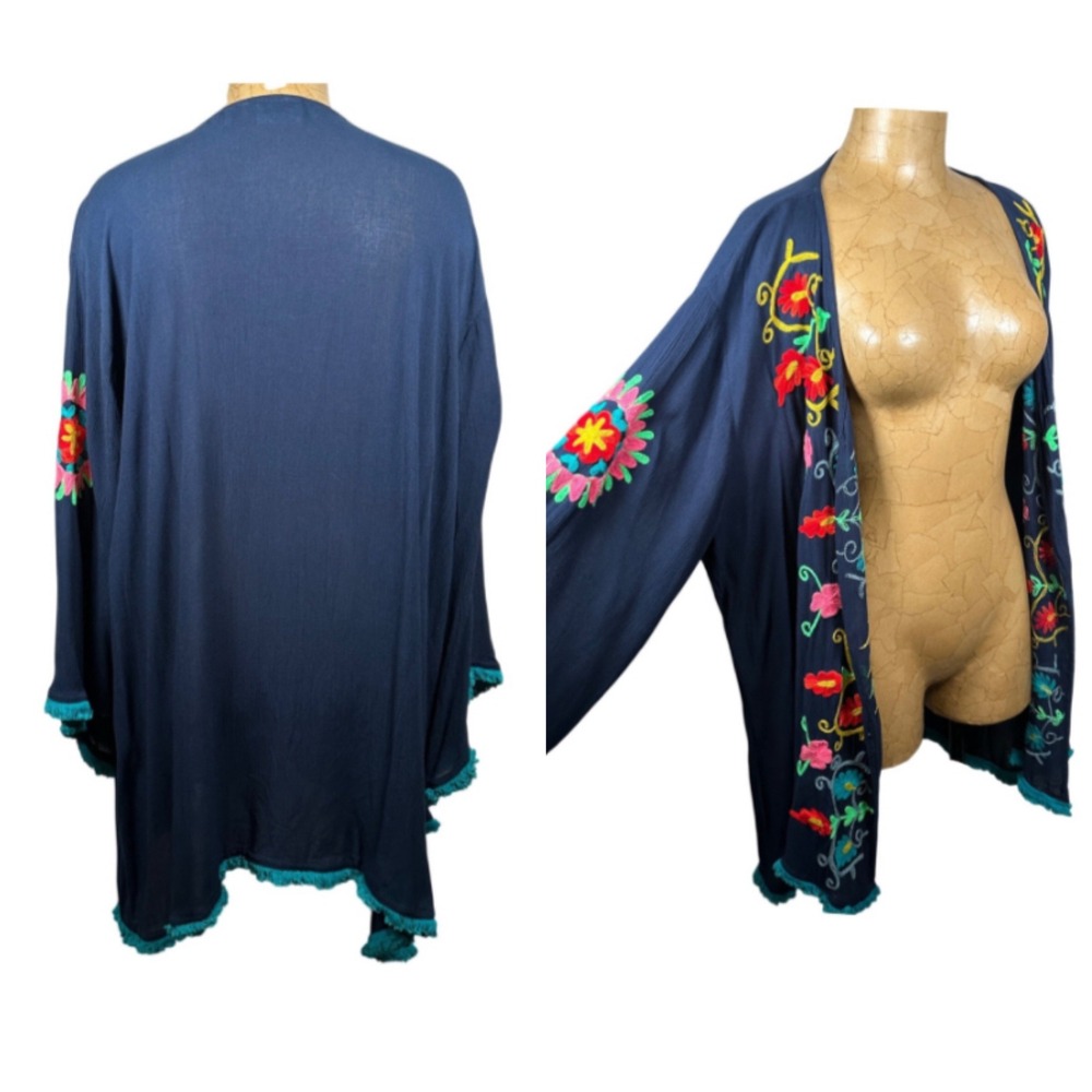 Boho 5XL Navy Blue Embroidered Floral Kimono Cardigan Fringe Lightweight Hippie